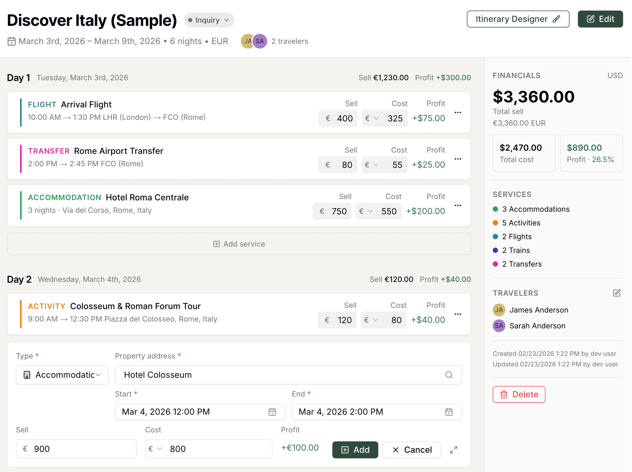 Building a trip day by day with flights, hotels and activities